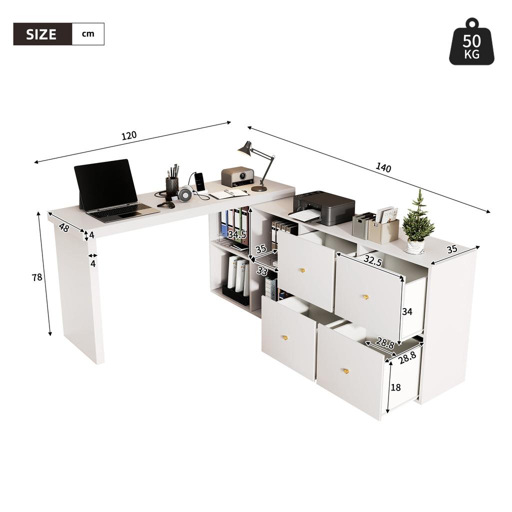 Corner Table, Tabletop 360 Swivel - Can Be Set Up L-shaped or Straight, MDF, Tabletop and Legs Reinforced 4 cm, 4 Compartments, 4 Drawers, White, Desk