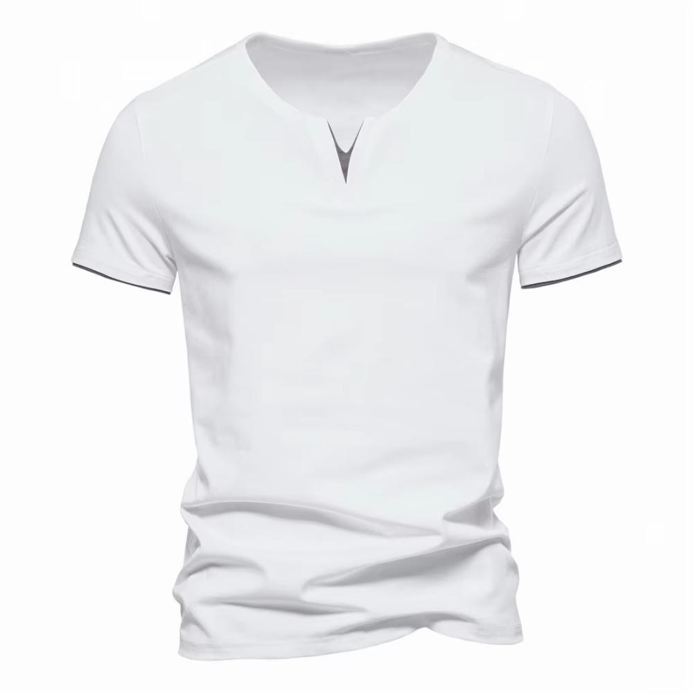 Summer Men's Solid Color CottonT-shirt V Neck Slim Fit Breathable Tops Casual  Cozy Tees Classic Male Dailywear