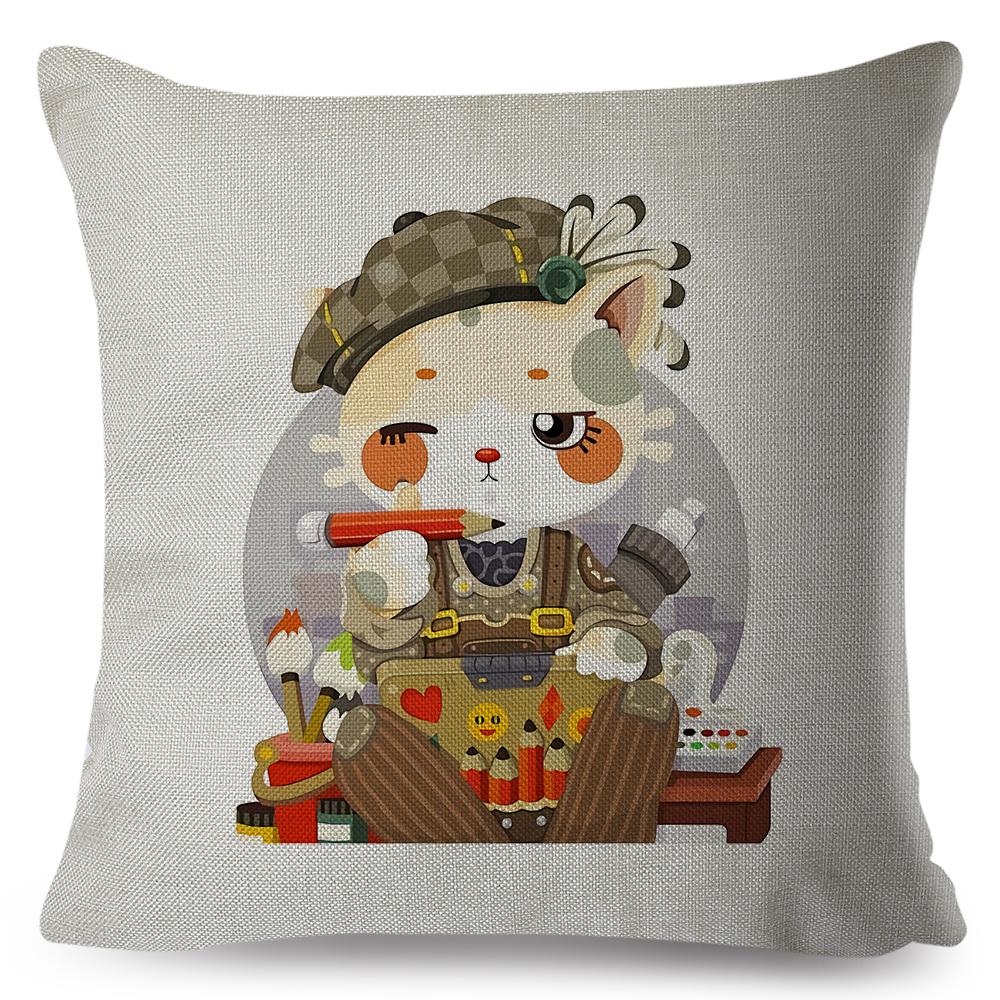 Adorable Cat Character Cushion 45x45cm Original Fantasy Theme Illustration High Resolution Print Woven Fabric Cover