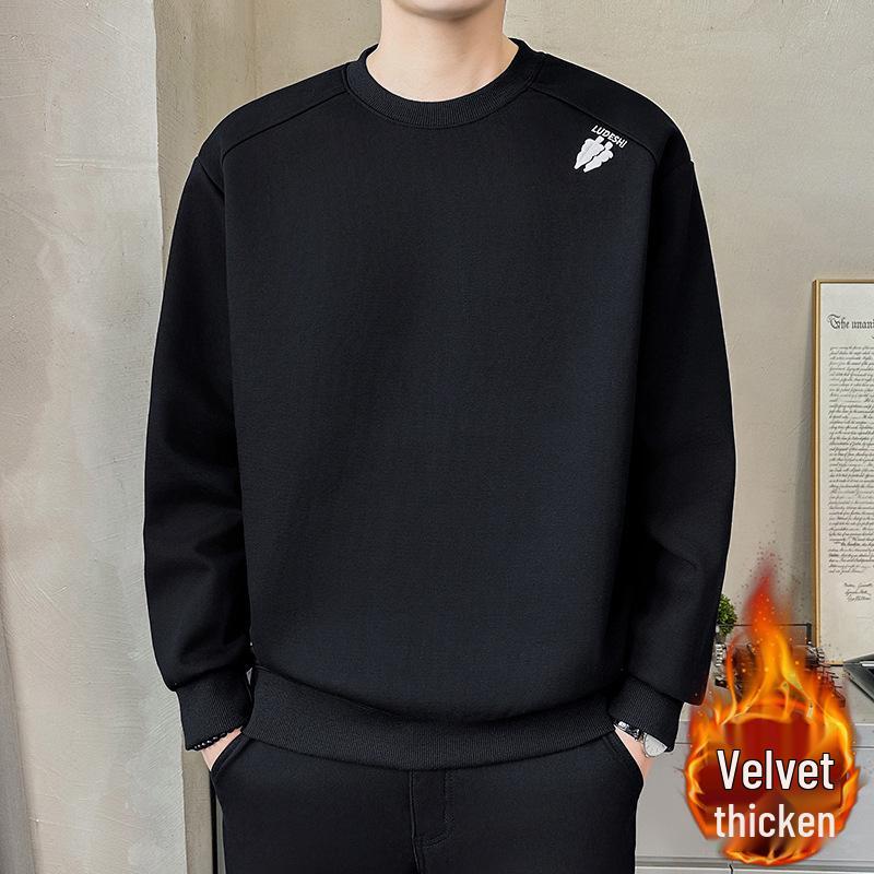 TBW56153 Plus Velvet Men s Youthful Fashion Casual Round Neck Pullover Hoodie 3XL (165-180 lbs) чёрный