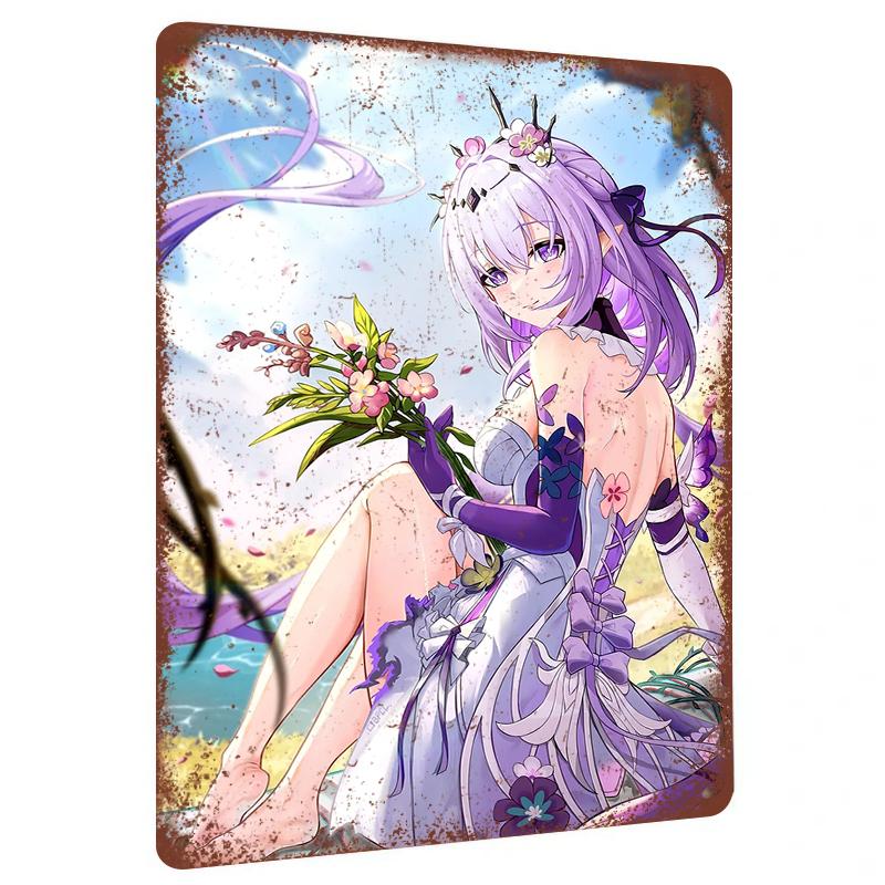 Custom Anime Girl Metal Poster Purple Haired Character Artwork for Room Decoration 20x30cm（7.8x11.8inch）