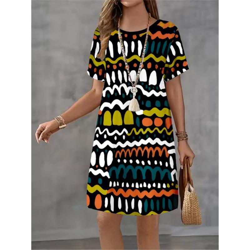 Women Elegant Print Casual Retro Mini Round Neck A-line Dress Temperament Dress Summer New Short Sleeved Dress Fashion New Dress