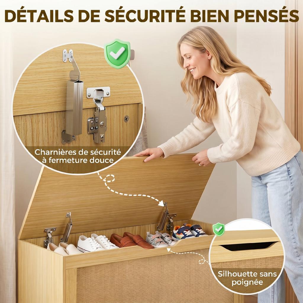 Rattan Storage Chest, 136 L, Storage Bench, Lift-Up Lid, 2 Safety Hinges, Oak