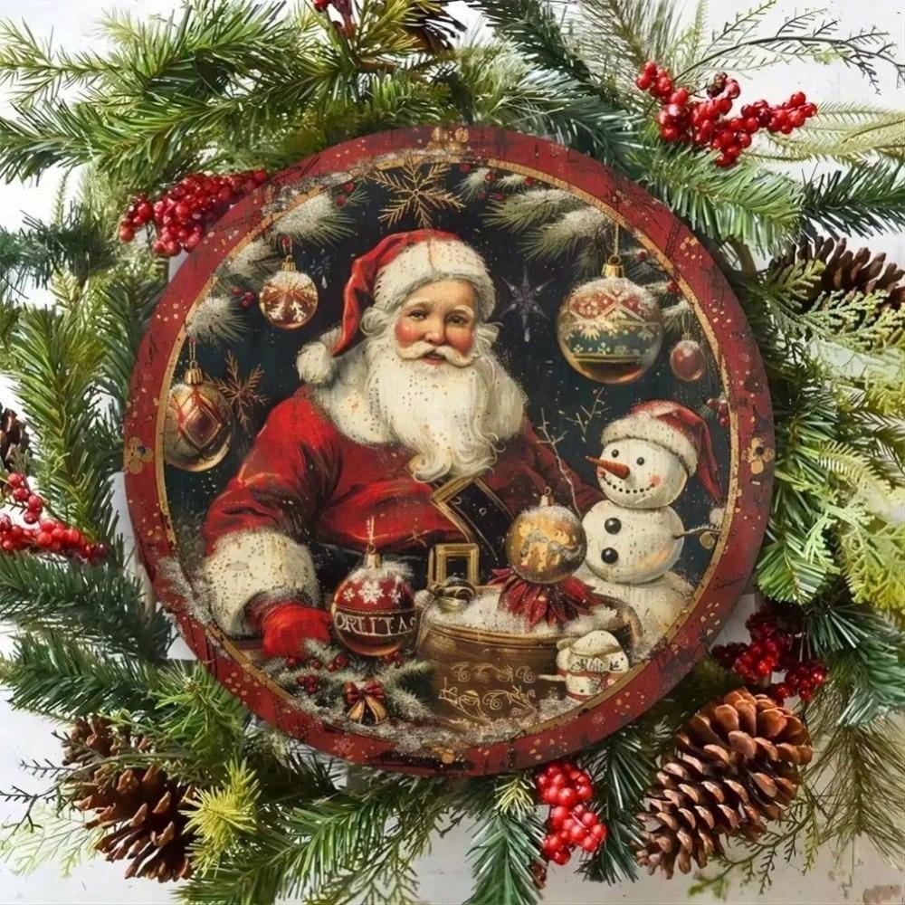 Vintage Santa Snowman Aluminum Round Sign Embossed Metal Tin Plate Christmas Wall Decor Home Cafe Apartment
