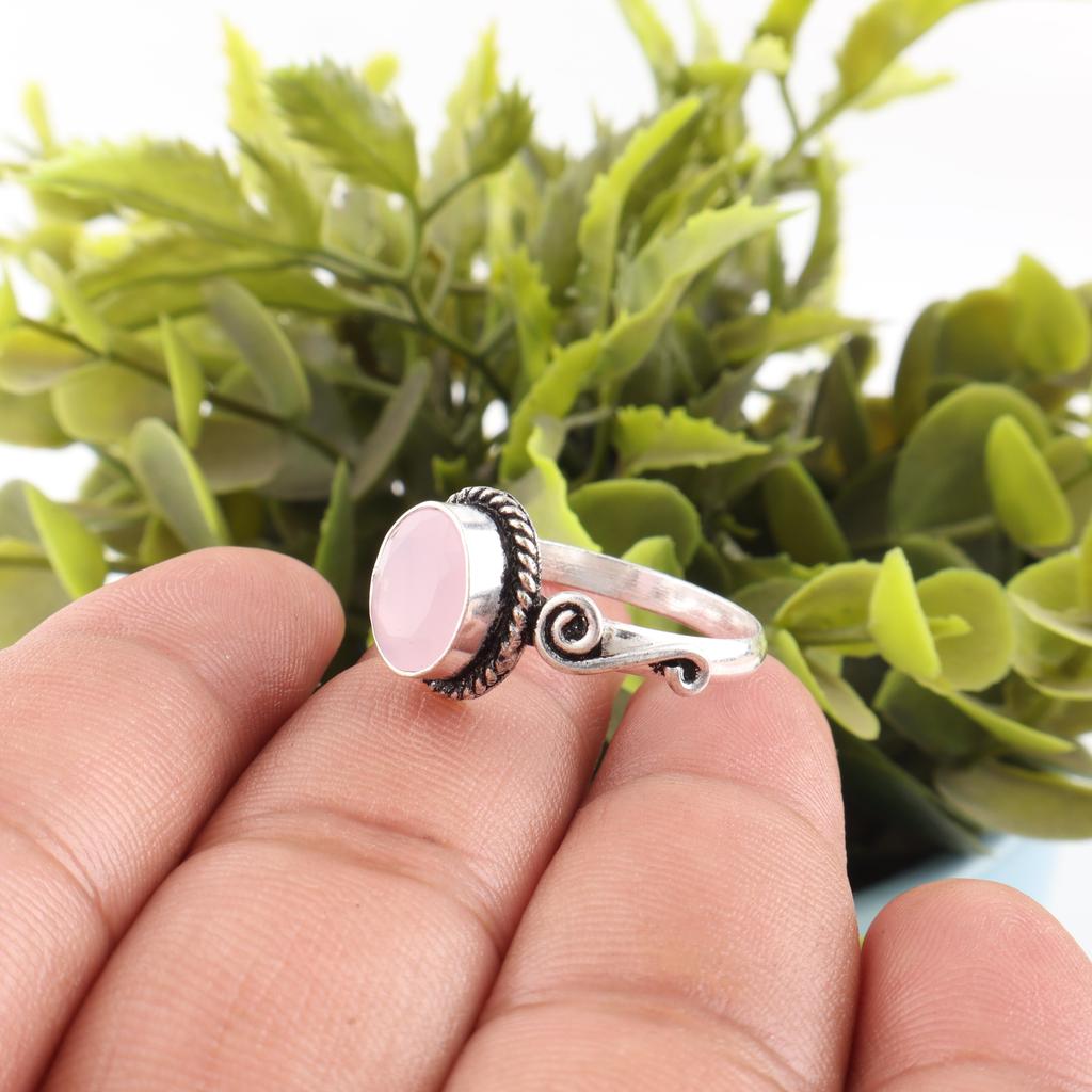 Adorables Bijoux en Pierre Gemme Calcédoine Rose, Bague en Argent Sterling 925, Bague de Guérison Fait Main Cadeau Pour Femmes