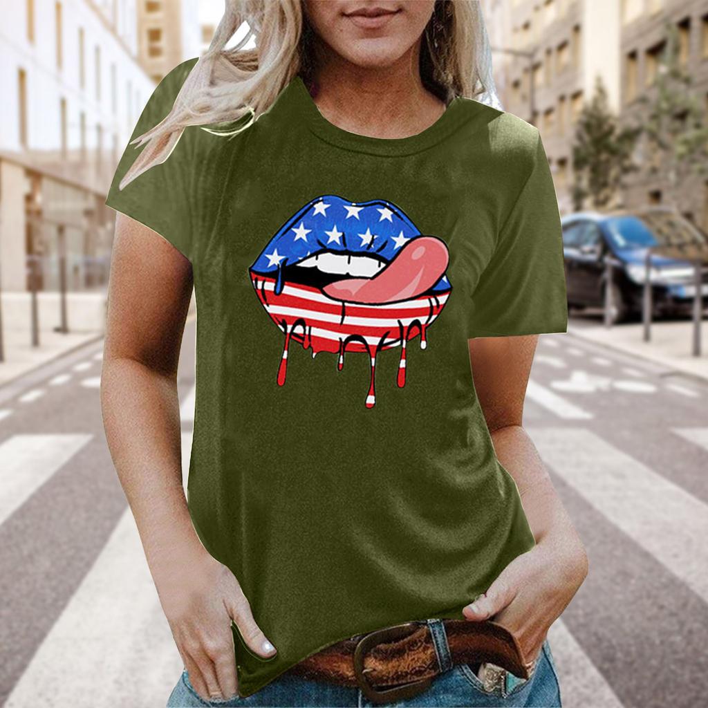 Real Shot Amazon Independence Station Cross-border European, American Independence Day Printed Short Sleeve Top Women's Summer Outer Bottom Shirt