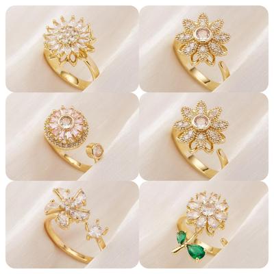 New Stress Relief Copper Sunflower Bee Ring - Rotating Zircon Open Design, Perfect Holiday Gift for Women
