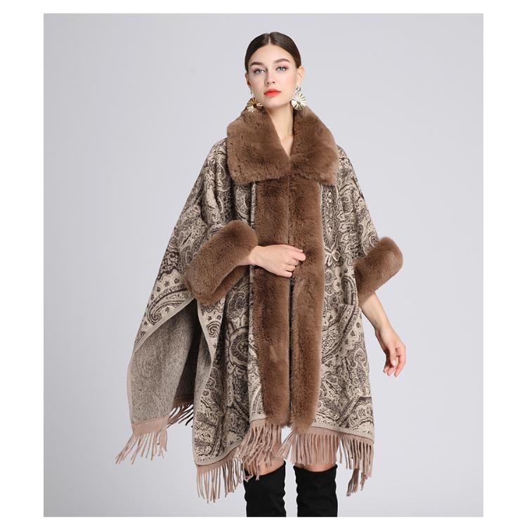 Winter Women's Shawl Cape Jacket Fur Collar Jacquard Loose Tassel Large Size Seven-point Sleeves Tweed Jacket