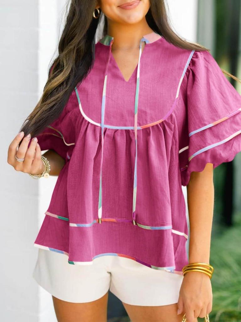 Women's Babydoll V Neck Blouse Short Lantern Sleeve Loose Peplum Flowy Top