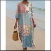 Women's Round Neck 3/4 Sleeve Midi Dress Casual Loose Solid Color Beach Vacation Long Dress