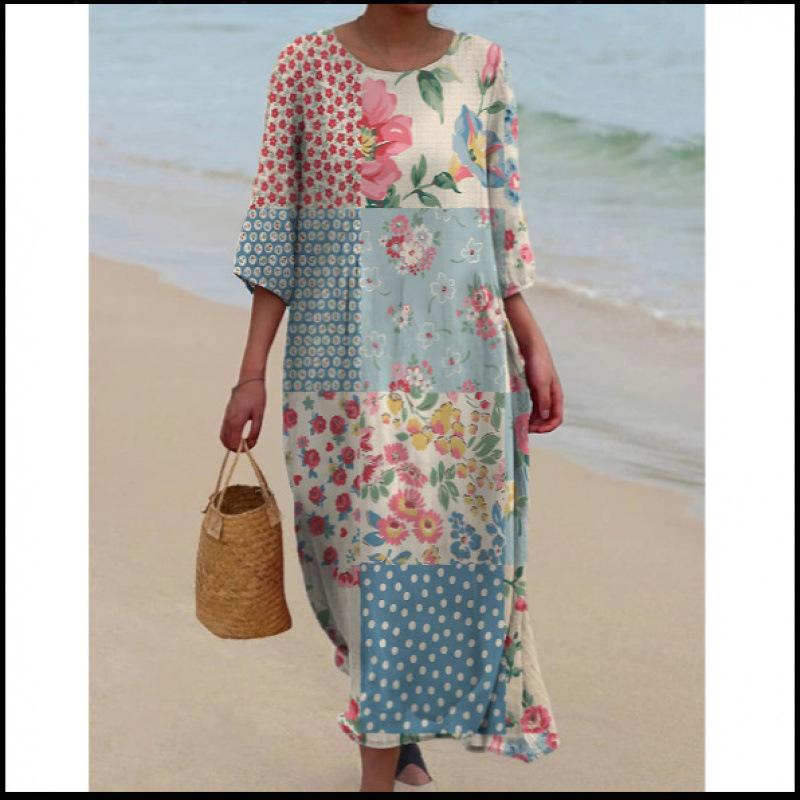 Women's Round Neck 3/4 Sleeve Midi Dress Casual Loose Solid Color Beach Vacation Long Dress