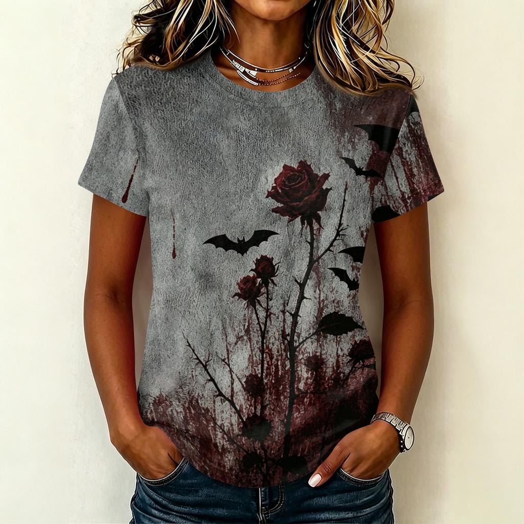 Women's Casual Pullover Short Sleeve T Shirt Halloween Graphic Print Round Neck Top Lightweight Comfortable Fit