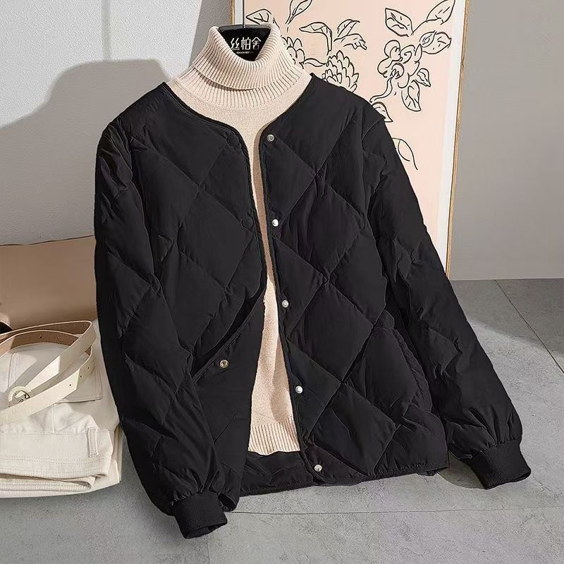 Women's Collarless Diamond Shaped Grid Down and Cotton Jacket Lightweight and Warm Short Winter Down and Cotton Jacket