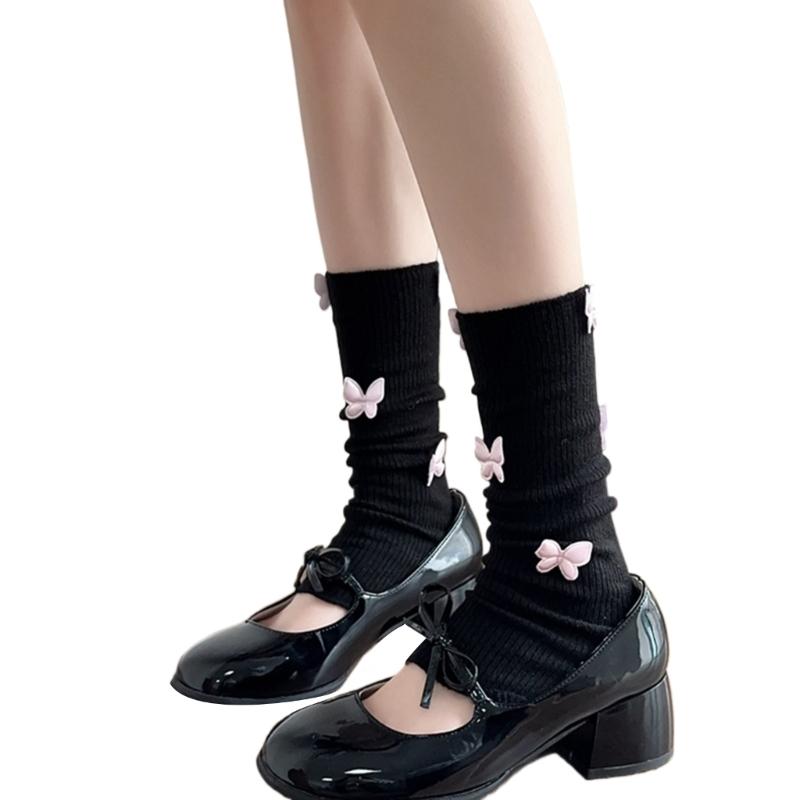 Womens Girls Ballet Style Ribbed Knit Stretch Leg Warmer Japanese Aesthetic Sweet 3D Butterfly Leg Cover Footless Socks