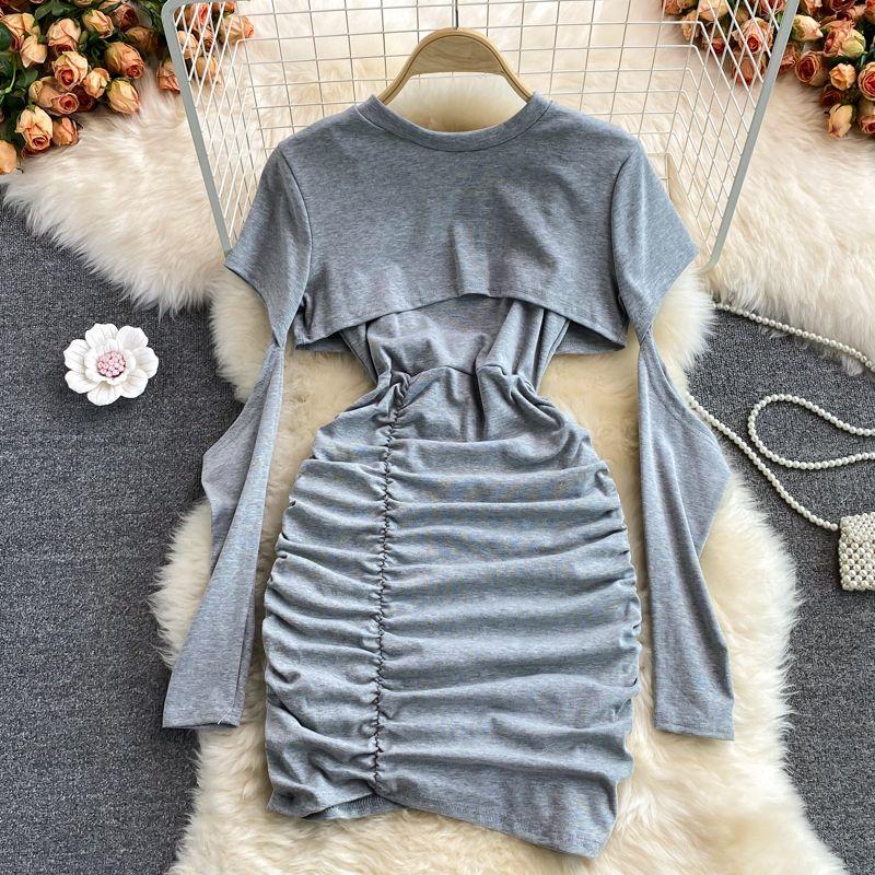

ARM Ripped Long Sleeves O-neck Short Exposed Navel Smock Top Two-piece Set Pack Sexy Sling Sheath Dress Gray One size
