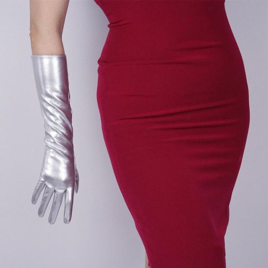 Cosplay Party Stage Performance Women Full Finger Shine Faux Leather Long Gloves