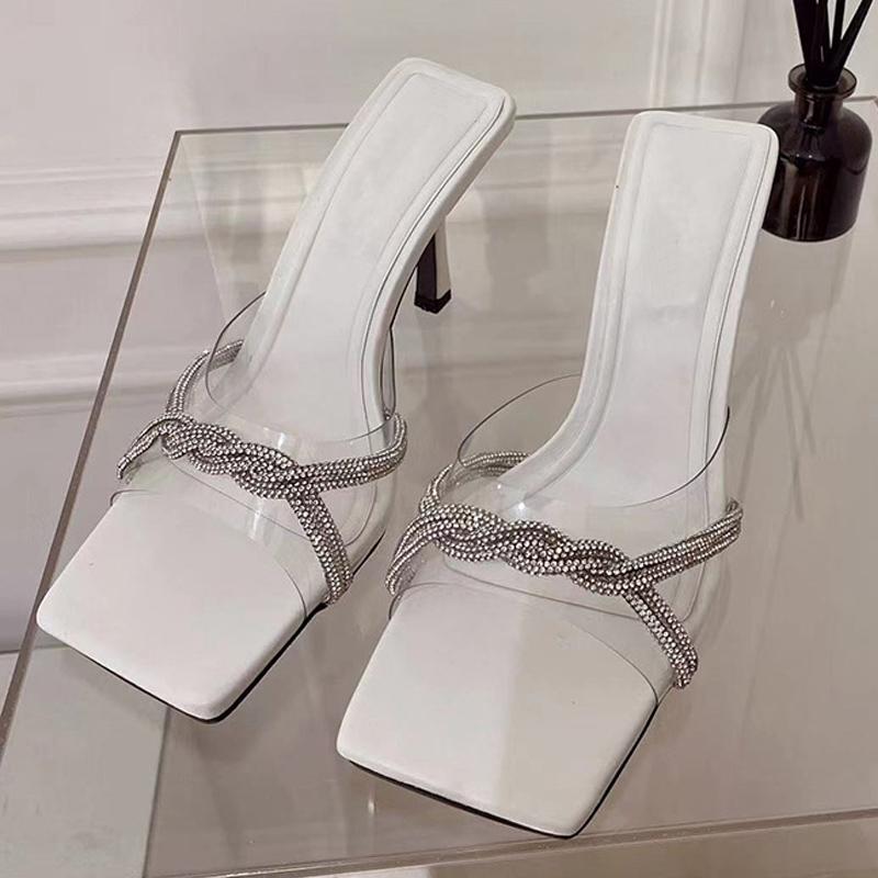 Liyke Summer Fashion Design Crystal Pvc Transparent Women Slipper Square Toe Thin High Heel Ladies Dress Party Mules Slide Shoes