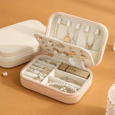 Leather Zipper Stud Earrings Storage Jewelry Box with Baffle Earrings Ring Large Capacity Jewelry Jewelry Portable Box