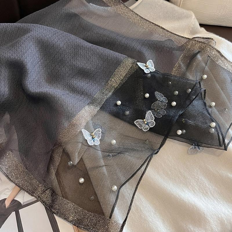 Elegant Embroidered Butterfly Silk Scarf For Women Lightweight Polyester Hijab Shawl Wrap Stole Accessory Gift