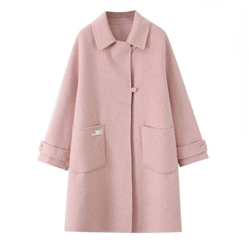 Mid-Length Wool-Cashmere Coat with Doll Collar & Petal Buttons, Double-Faced, Chic Autumn/Winter Style, Youthful Look.