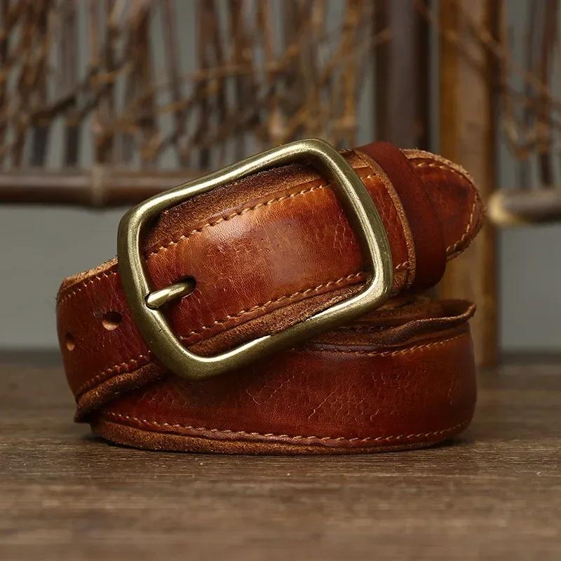 Cintura in Vera Pelle da Uomo 3,3 cm Cinturino di Lusso Cintura Maschile Nuova Moda Pelle di Mucca Pura Fibbia in Rame Selvaggio Classico Retro Alta Qualità