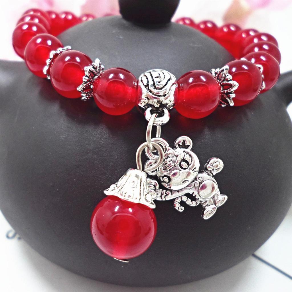 Amethyst Chalcedony Bracelet with Vajra Bell Pendant - Handmade Beaded Jewelry for Women