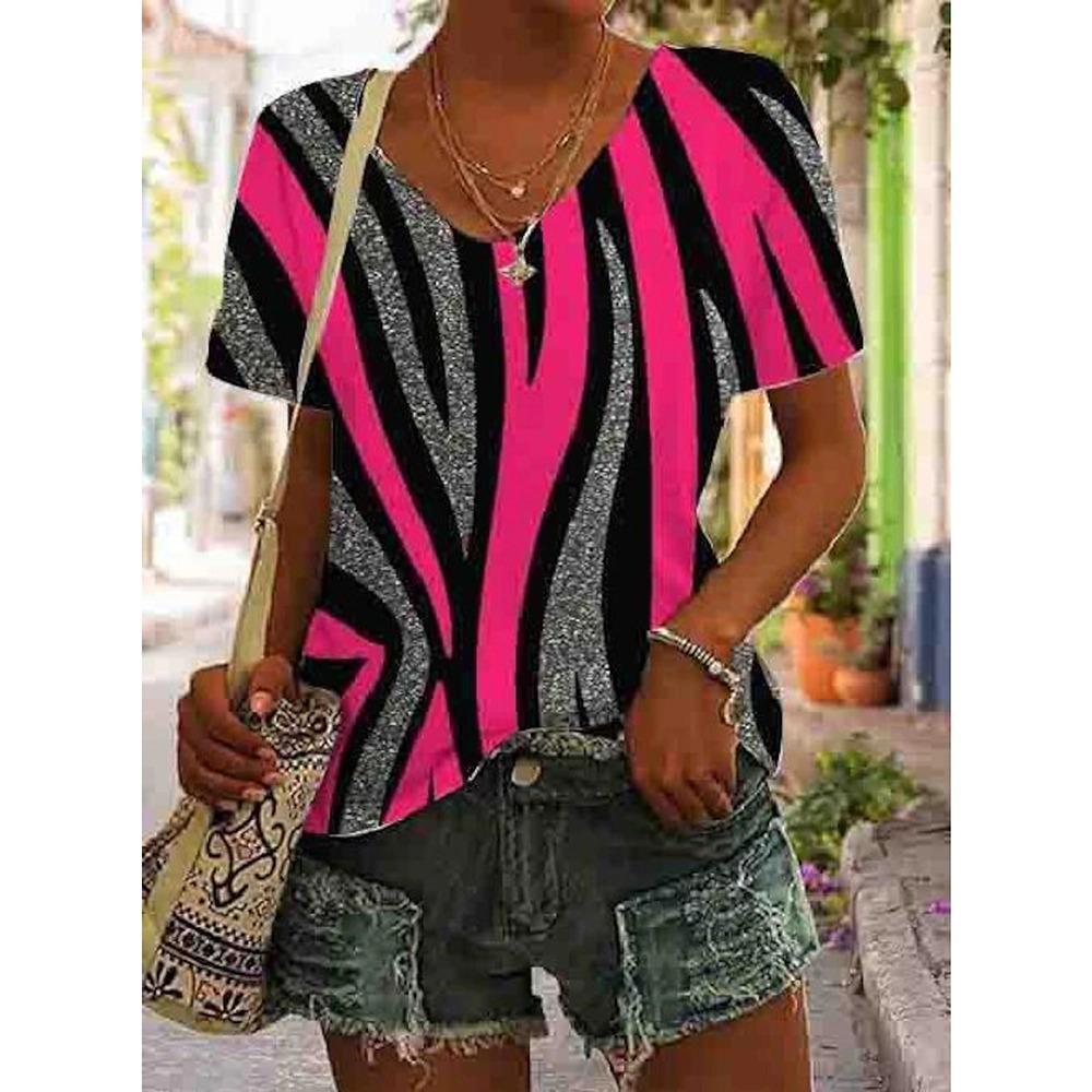 T-shirt da donna retrò casual nera moda scollo a V pullover manica corta stampata larga top quotidiano