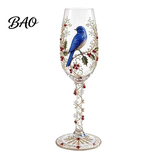 Bird Pattern Juice Glass Hand-painted Wine Glass, And Floral Design Stem Goblet, Artistic Water Goblets Crystal Borosilicate Goblet for Red