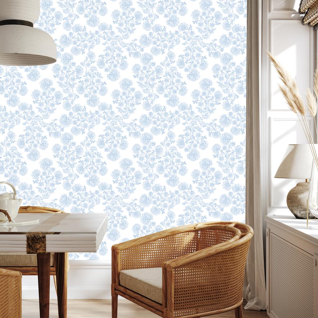Wallpaper Flowers White and Azure for Living Room and Bedroom 50x1000