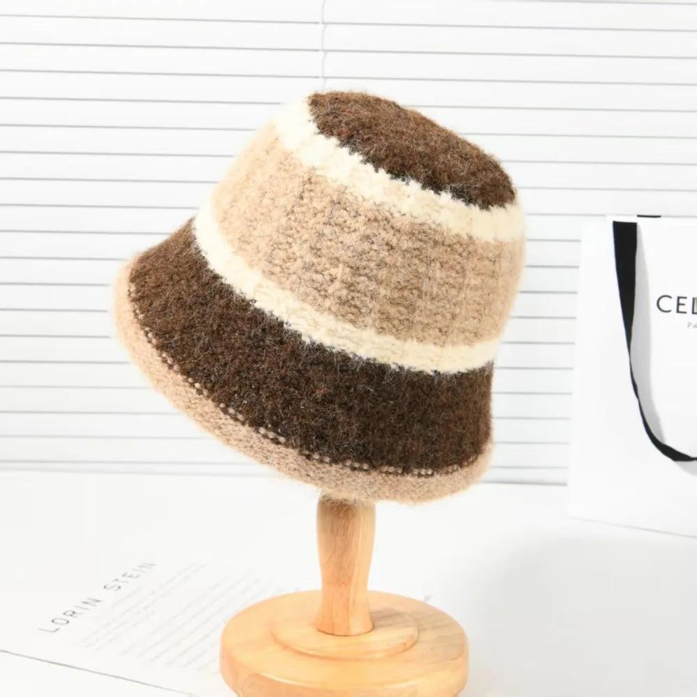 Fashion Wide-Striped Knitted Bucket Hat Versatile Cold-Proof Fisherman Hat Large Head Circumference Warm Basin Hat Outdoor