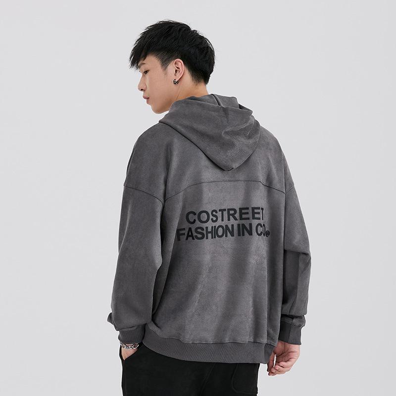 Mr. Cotton Men's Trendy Suede Plush Hooded Sweatshirt, Heavyweight 380g, Loose Fit, Long Sleeve, Printed Design.