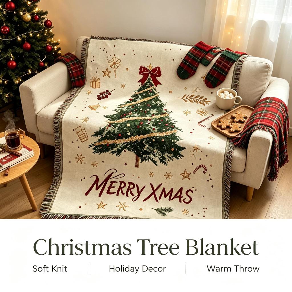 Christmas Tree Themed Throw Tapestry, X‑mas Decor Sofa Cover Bed Runner Holiday Home Decoration
