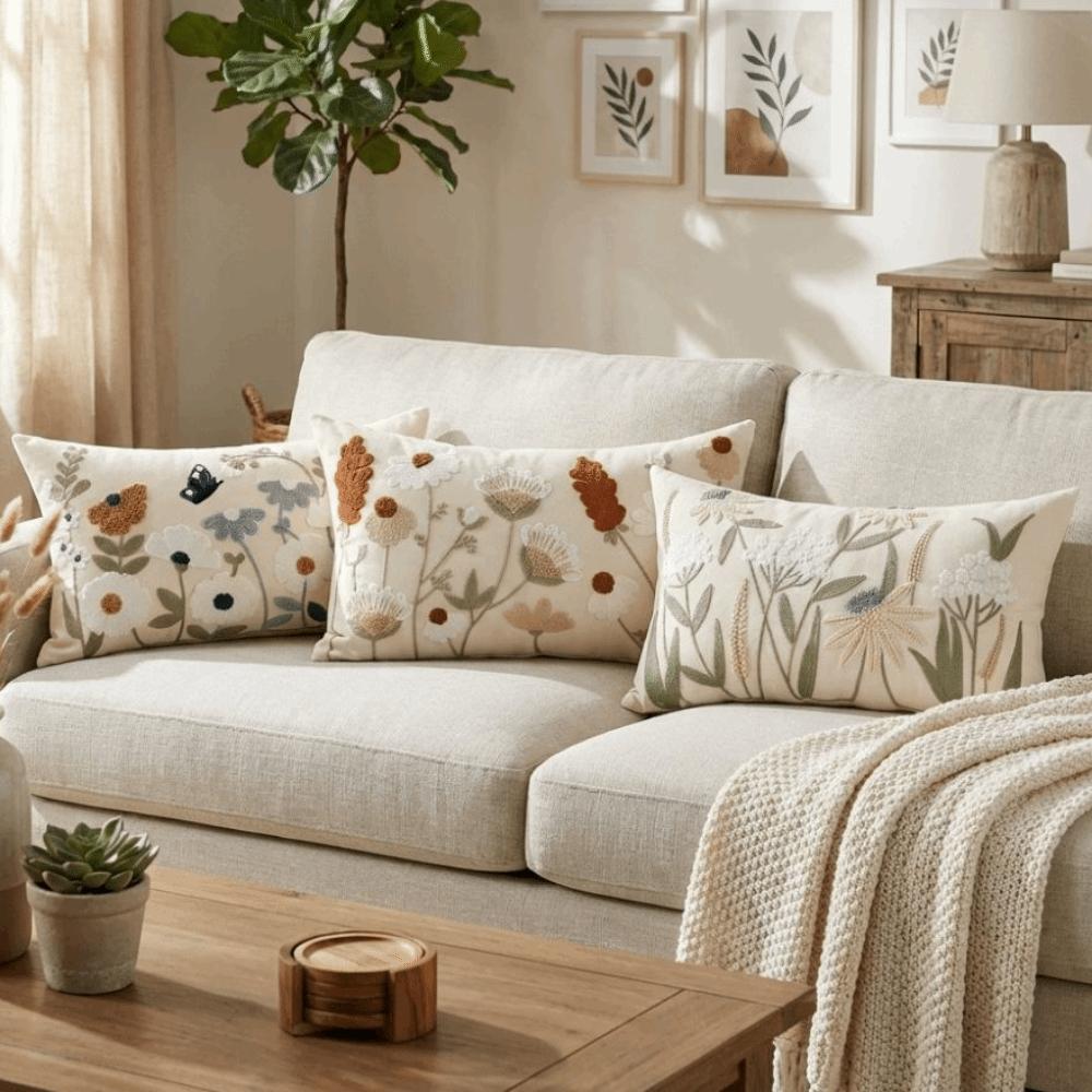Pastoral Floral Embroidered Cushion Cover Canvas Square Decorative Pillow Case Spring Theme Wear Resistant