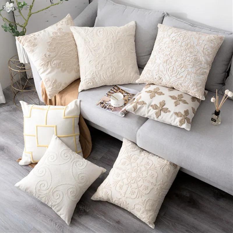 Funda de Cojín Bordada con Hilo de Cuerda Euro Beige Decoración del Hogar Lino Algodón Estilo Boho Funda de Cojín Étnica 50x50cm Cojín