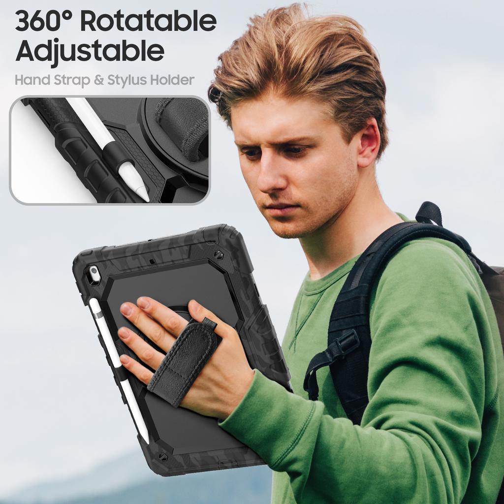 For iPad 10.2 (2021)/(2019)/(2020) Case Camo Printing PC + Silicone Tablet Cover with PET Film/Shoulder Strap