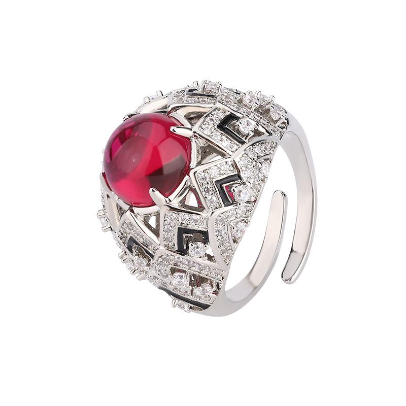 Hao Inlaid with Diamond Temperament Yuan Shape Imitation Royal Blue Red Corundum Zircon Chalcedony Ring Drop Glaze Open Ring Female
