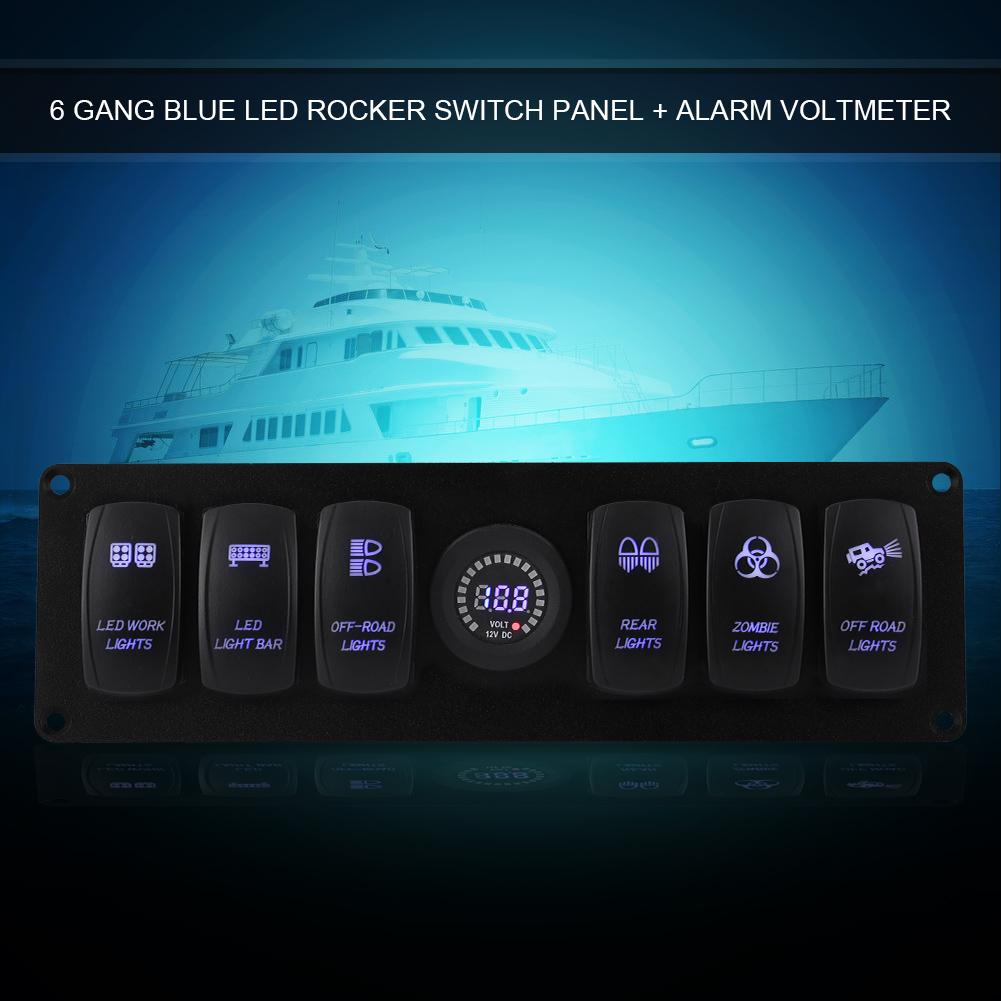12V-24V 6 Gang Blue LED Rocker Switch Panel with Alarm Voltmeter for Car RV Boat Yacht Marine