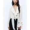 Summer New Women Clothes French Style Design Stand Collar Long Sleeve Frill Neckline Lace-up Top 1264464