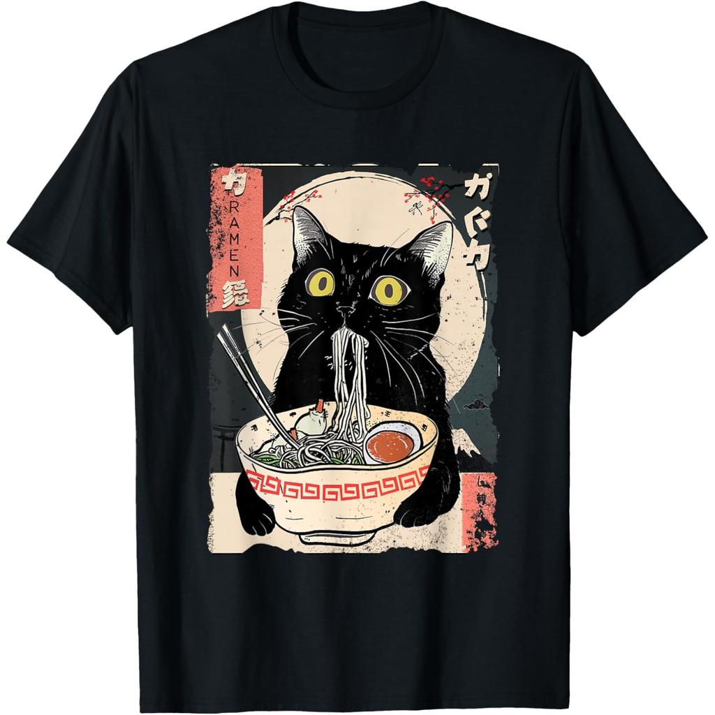 Black Cat Eating RaUnisex Japanese Ukiyo Style Graphic Tee T-Shirt Anime Food Lover Gift