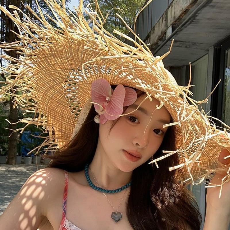 Spring and Summer Hollow Woven Big Hair Beard Edge Lafite Straw Hat Outdoor Travel Photo Vacation Sunshade Beach Big Eaves Hat