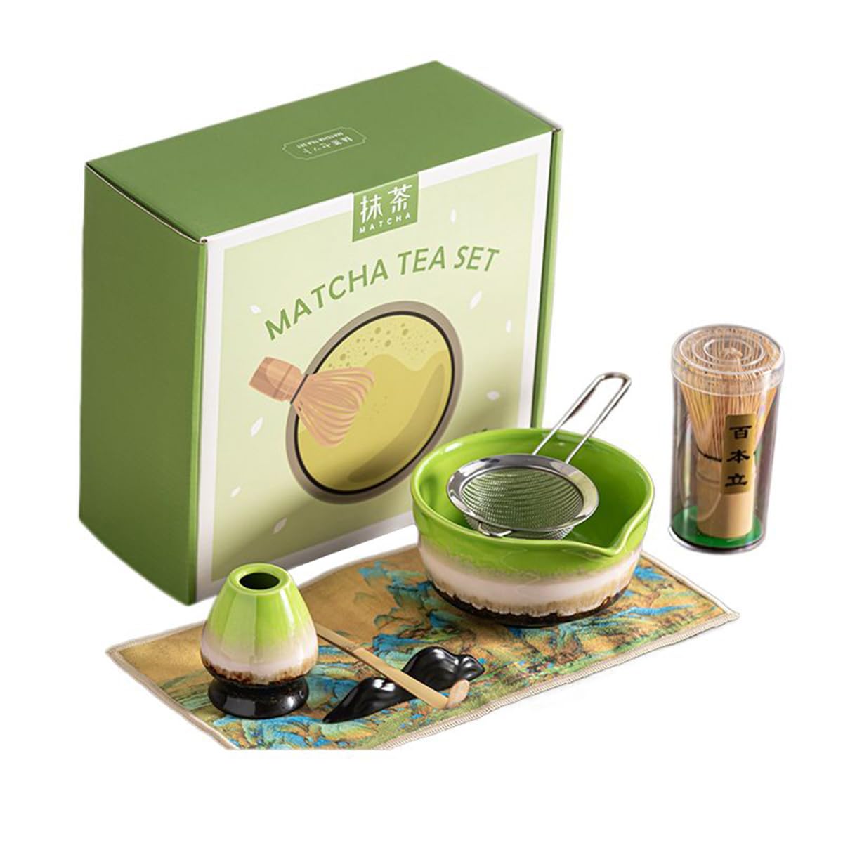 

Matcha Tea Ceremony Japanese Tea Ceremony Tea Chashaku Matcha and Whisk 7-Piece Set, Utensils, Bowl, 100-Standing Chasen, (Tea Scoop), Powder, (Green) зелёный
