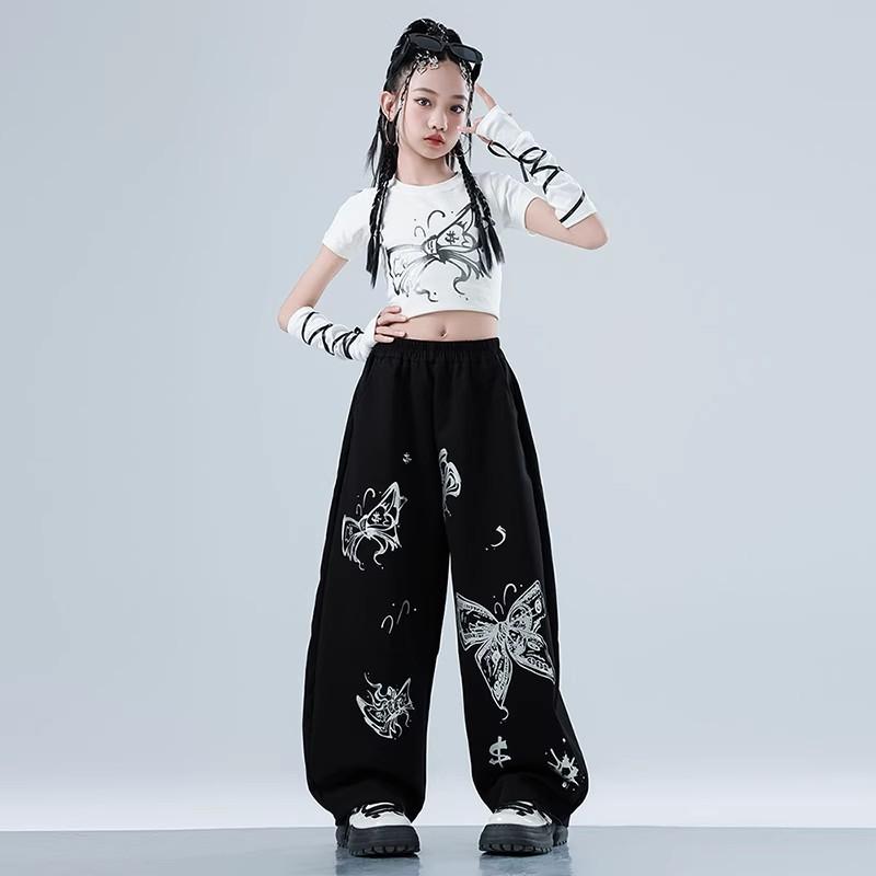 Summer Girls Jazz Dance Costume Trendy Crop Top Short Sleeve High Waist Pants Set For Stage Performance