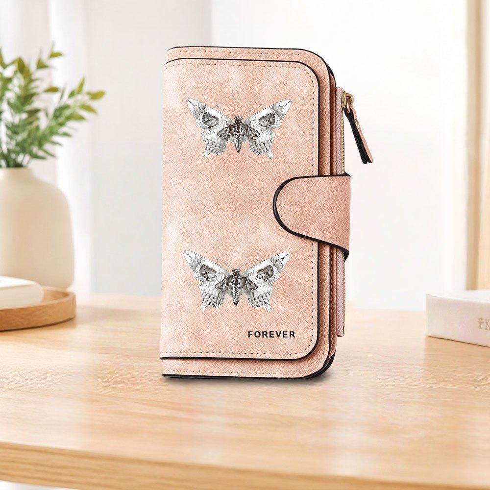 Skull butterfly print long zipper wallet, large-capacity card holder, unisex clutch bag, stylish zippered coin purse, suitable for daily use, a great