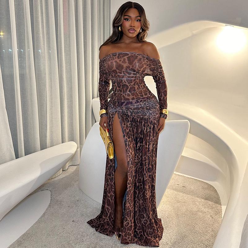 European and American style home women's clothing side split fork one-word neck hip skirt open back tube top long sleeve leopard print tide dress