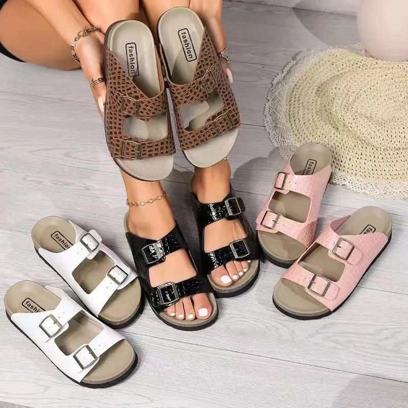 Ladies Shoes On Sale 2024 High Quality Open Toe Women Slippers Summer Buckle Snake Pattern Solid Outdoor Beach Platform Slippers