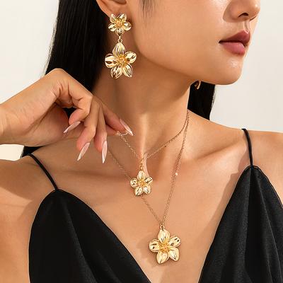Flower Petal Pendant Choker Necklace Drop Earring Women Romantic Aesthetic Wed Bridal Party Jewelry Set