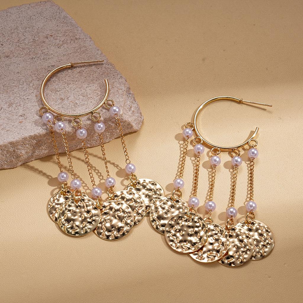 Imitation pearl pleated round geometric fringed silver needle earrings personalized fashion sense earrings