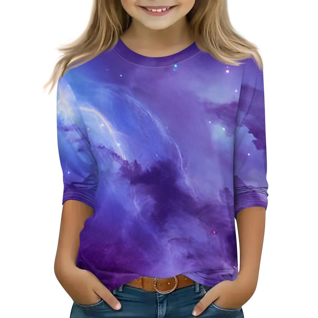 Bedruckte Oberteile für junge Mädchen von 5–16 Jahren, Rundhalsausschnitt, 3/4-Ärmel, T-Shirts, trendige Oberteile, Outfit-T-Shirts