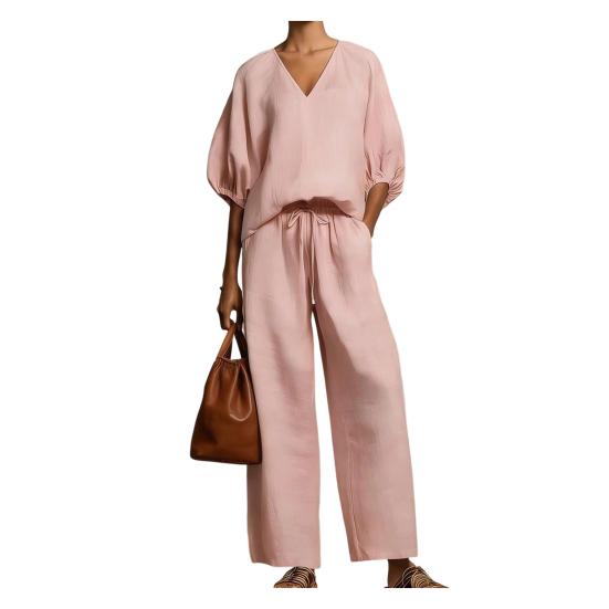 

Women s Casual 2 Piece Lounge Sets Puff Half Sleeve V Neck Top And Wide Leg Pants Travel Vacation Outfits with Pockets L