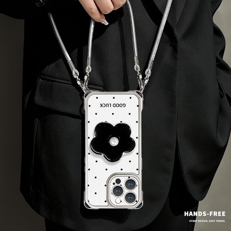 Applicable to Apple 11promax mobile phone case iphone11 four-corner lanyard 11 polka dot flower bracket 11 lambskin
